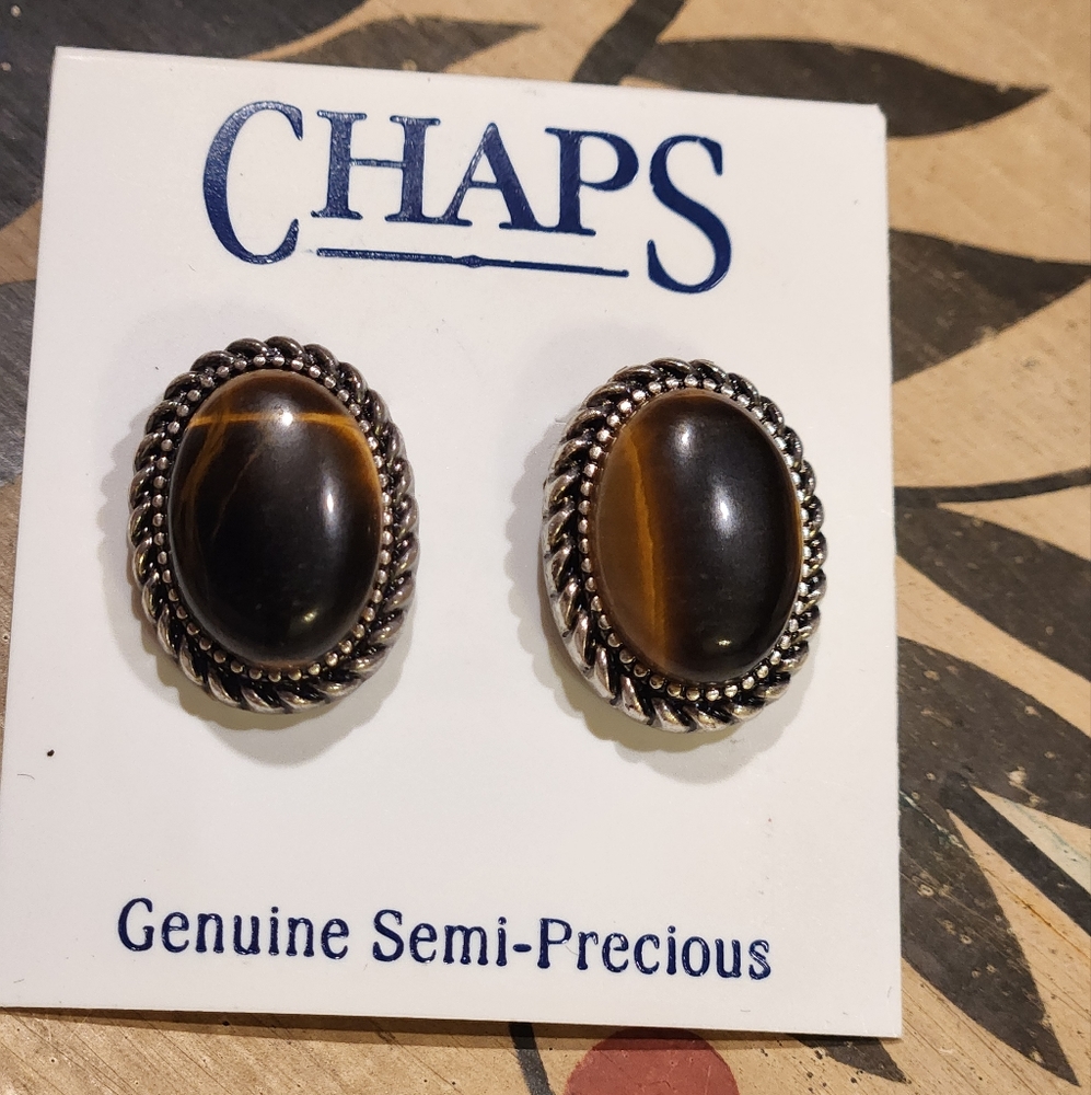 Vintage 2000's Chaps Earrings Silver Tone Rope Edge Brown Tigers Eye Oval
